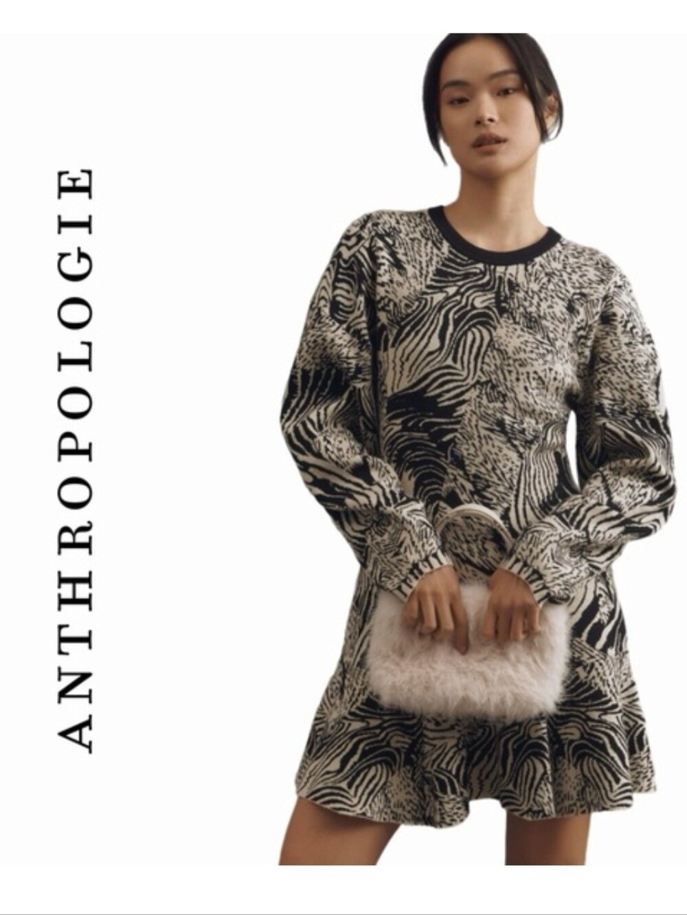 Anthropologie Black & Cream Abstract-Print Long-Sleeve Mini Dress, M, NEW WITH T